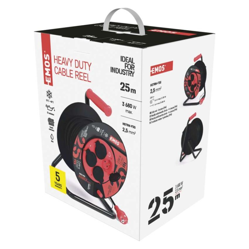 Venkovní prodlužovací kabel na bubnu 25 m / 4 zás. / černý / guma-neopren / 230V / 2,5 mm2