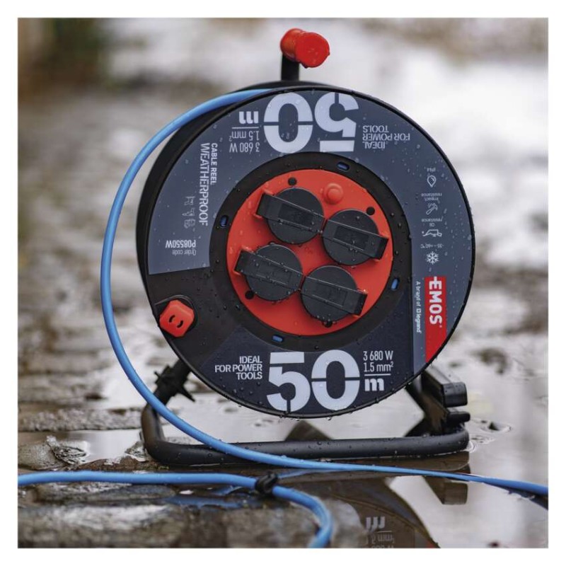 Počasí odolný prodluž. kabel na bubnu 50 m / 4 zásuvky / modrý / silikon / 230 V / 1,5 mm2