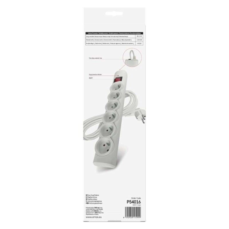 Přepěťová ochrana – 6 zásuvek, 3 m, bílá