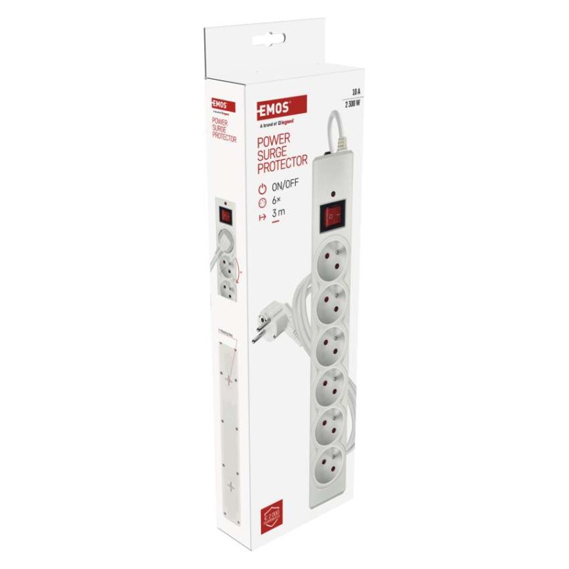 Přepěťová ochrana – 6 zásuvek, 3 m, bílá