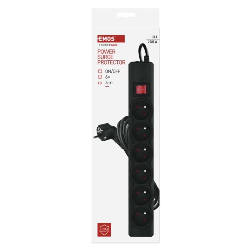 Přepěťová ochrana – 6 zásuvek, 3 m, černá