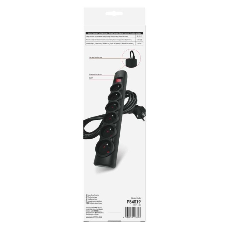 Přepěťová ochrana – 6 zásuvek, 3 m, černá