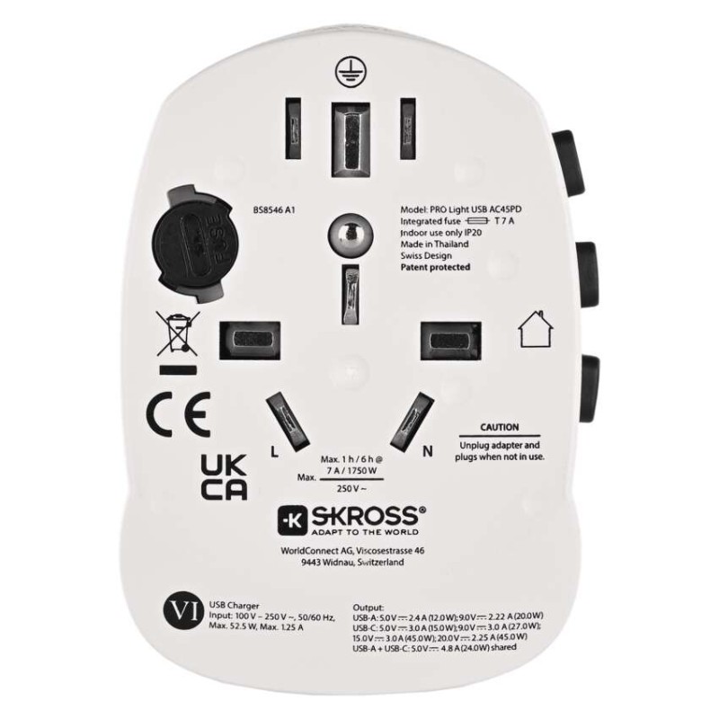 Cestovní univerzální adaptér do zahraničí (Amerika, Asie, Afrika), 1×USB-C, 1×USB-A