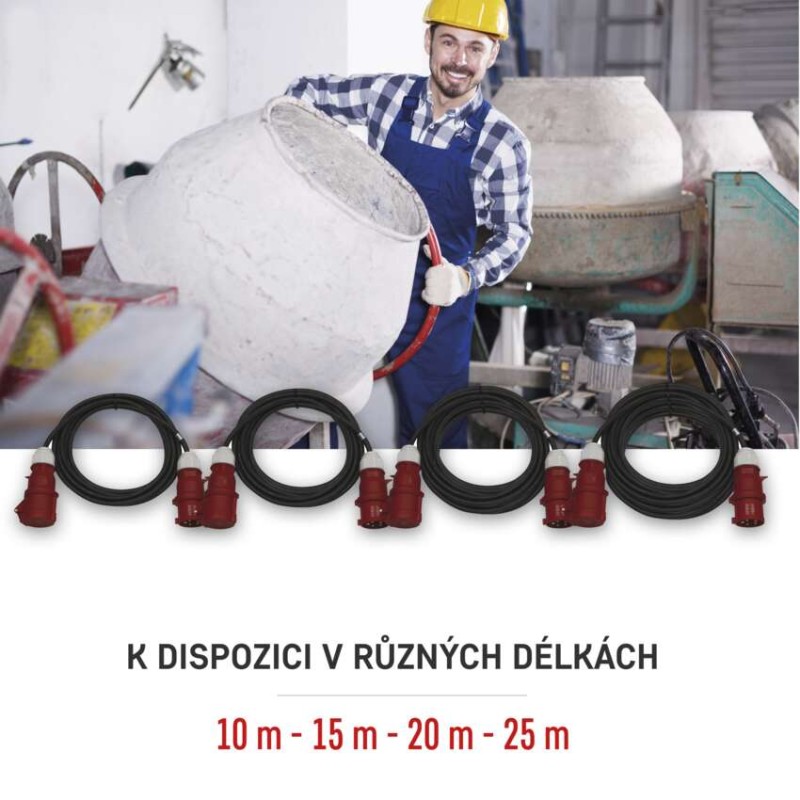 3 fázový venkovní prodlužovací kabel 10 m / 1 zásuvka / černý / guma / 400 V / 4 mm2