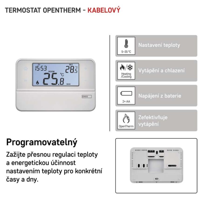 Pokojový termostat s komunikací OpenTherm, drátový, P5606OT