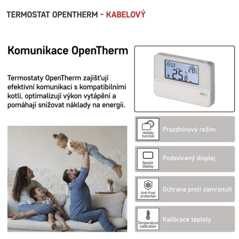 Pokojový termostat s komunikací OpenTherm, drátový, P5606OT