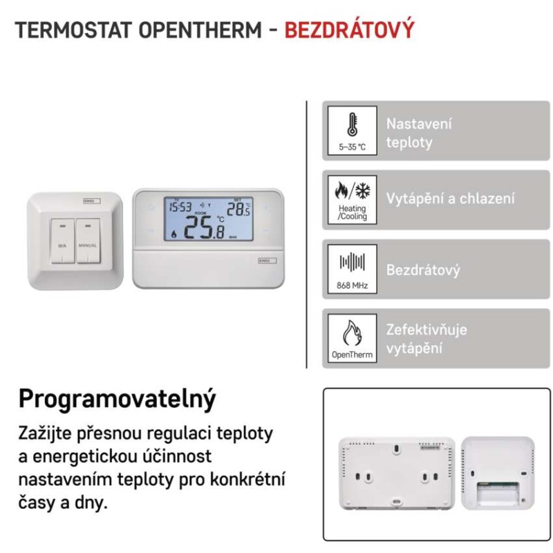 Pokojový termostat s komunikací OpenTherm, bezdrátový, P5616OT