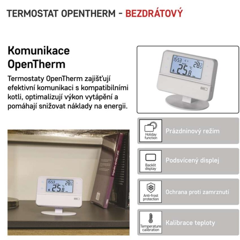 Pokojový termostat s komunikací OpenTherm, bezdrátový, P5616OT