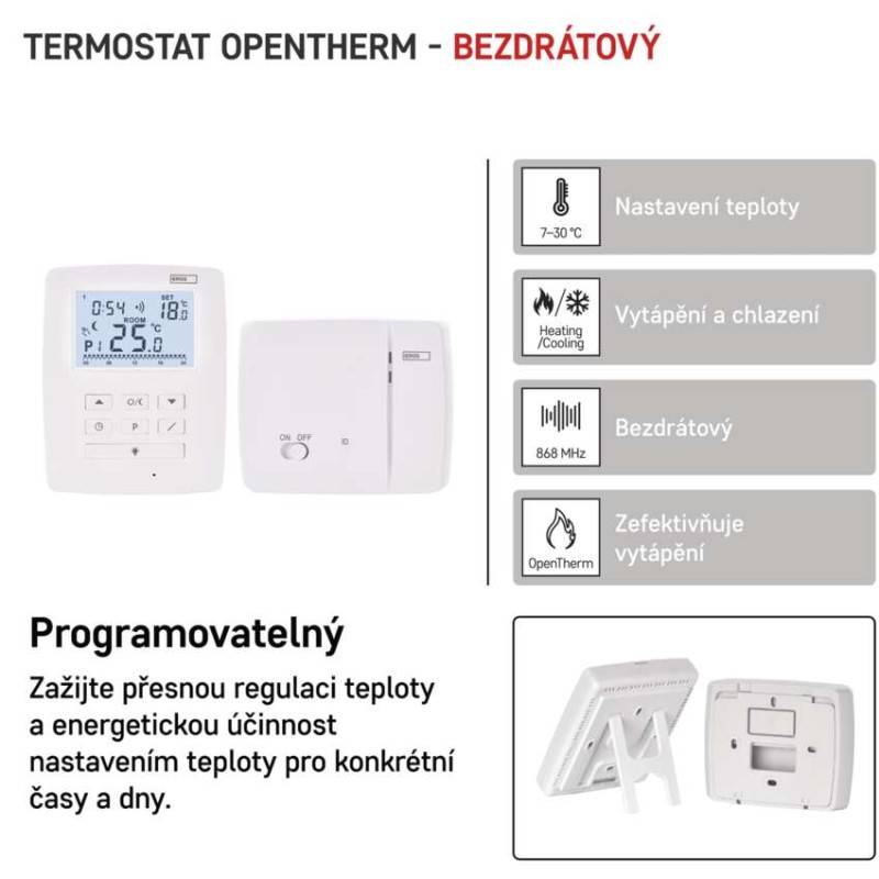 Pokojový termostat s komunikací OpenTherm, bezdrátový, P5611OT