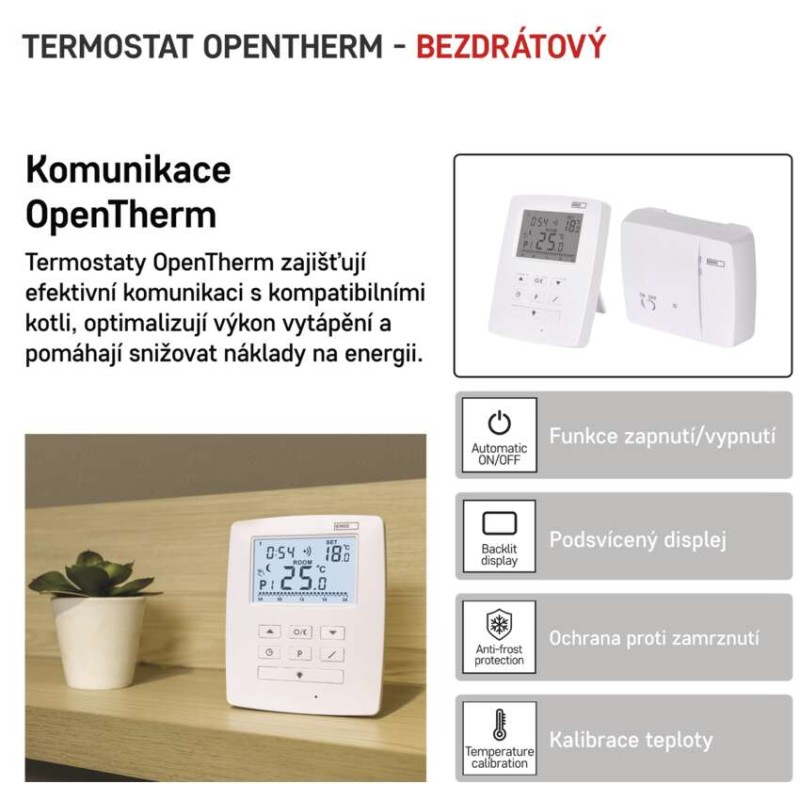 Pokojový termostat s komunikací OpenTherm, bezdrátový, P5611OT