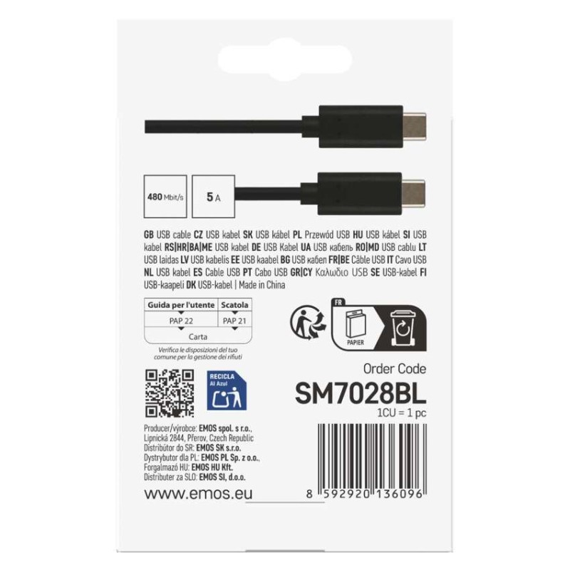 Nabíjecí a datový kabel 2.0 USB-C / USB-C, 1 m, černý