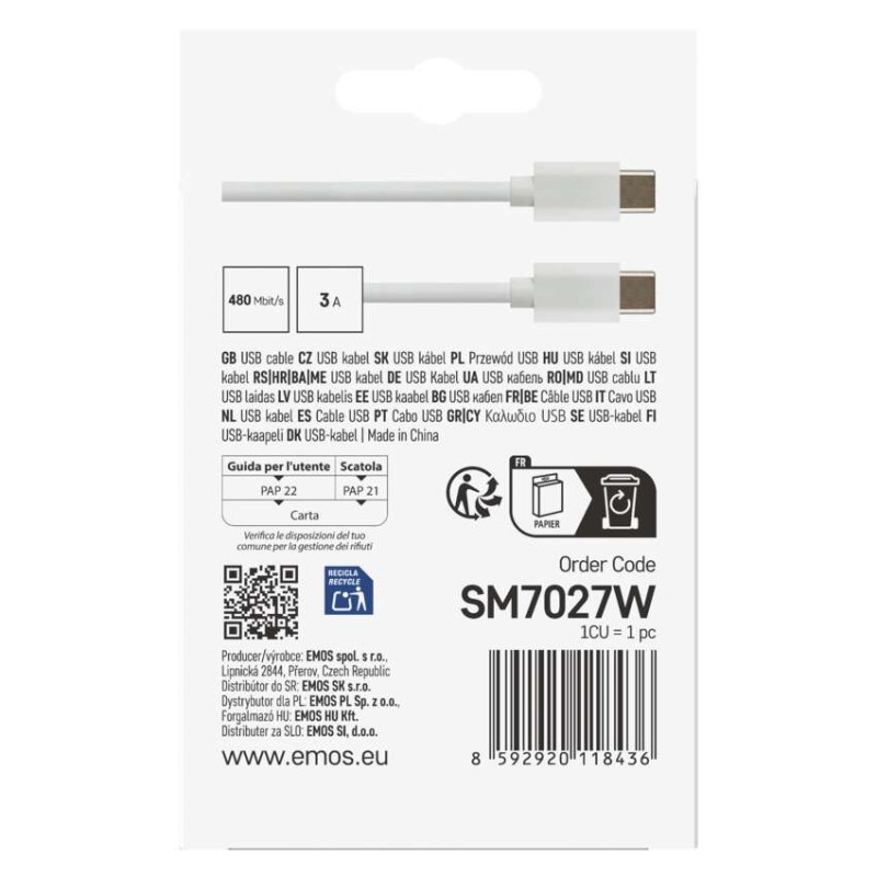 Nabíjecí a datový kabel USB-C 2.0 / USB-C 2.0, 1 m, bílý