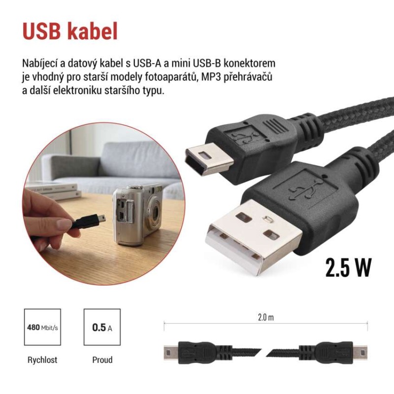 Nabíjecí a datový kabel USB-A 2.0 / mini USB-B 2.0, 2 m, černý
