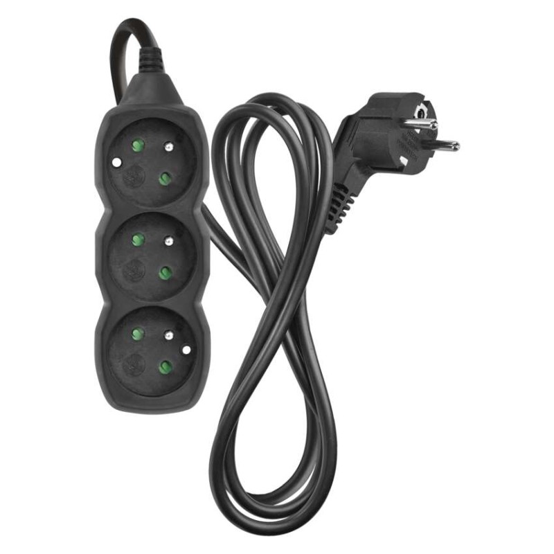 Prodlužovací kabel 1,5 m / 3 zásuvky / černý / PVC / 1 mm2
