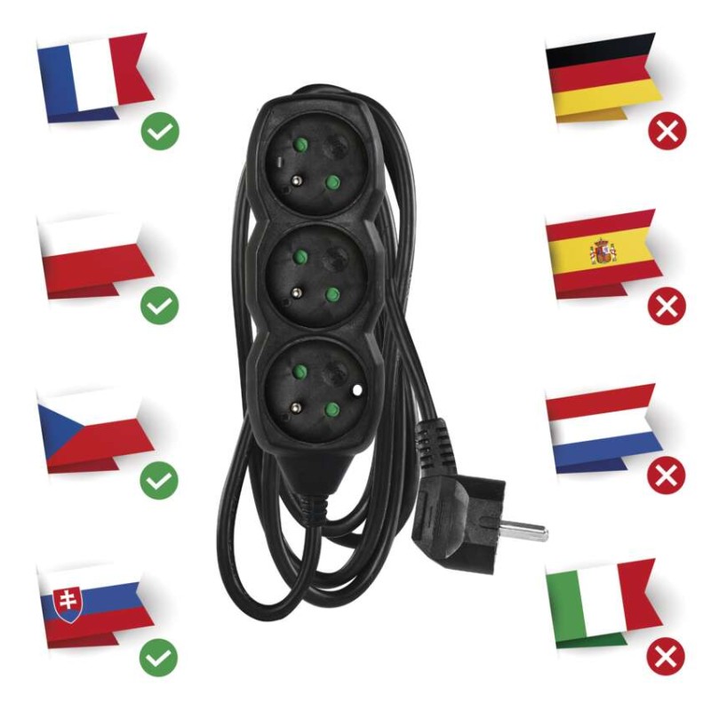 Prodlužovací kabel 1,5 m / 3 zásuvky / černý / PVC / 1 mm2