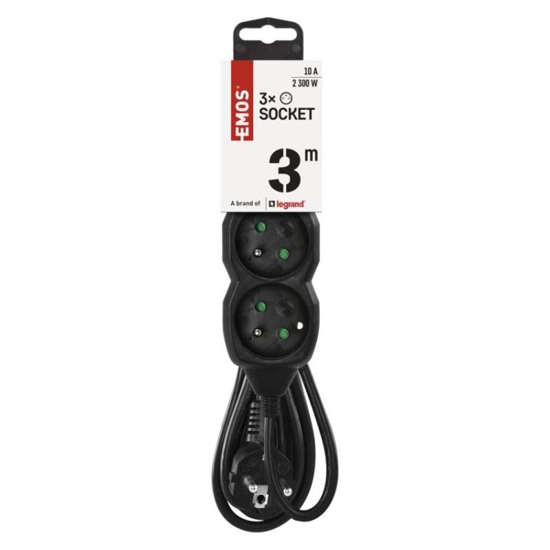 Prodlužovací kabel 3 m / 3 zásuvky / černý / PVC / 1 mm2