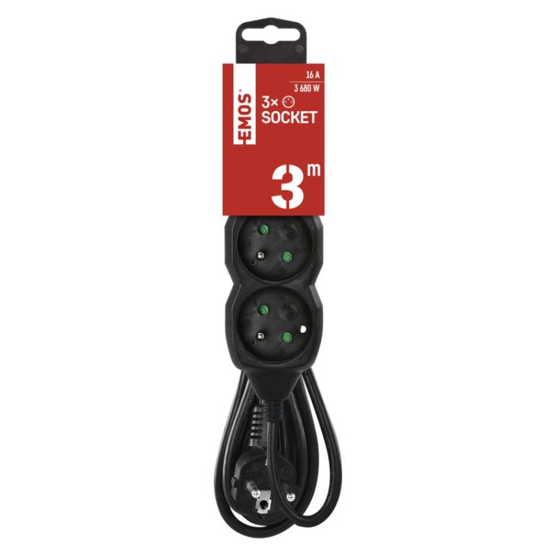 Prodlužovací kabel 3 m / 3 zásuvky / černý / PVC / 1,5 mm2