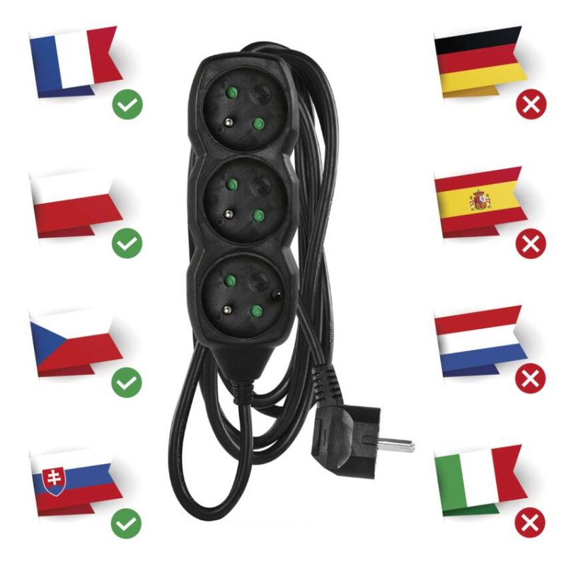 Prodlužovací kabel 3 m / 3 zásuvky / černý / PVC / 1,5 mm2