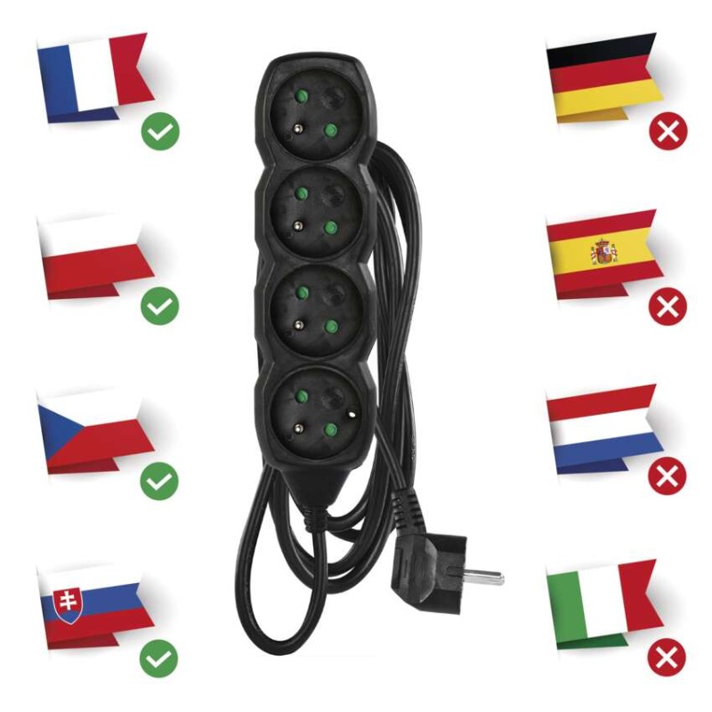 Prodlužovací kabel 3 m / 4 zásuvky / černý / PVC / 1,5 mm2
