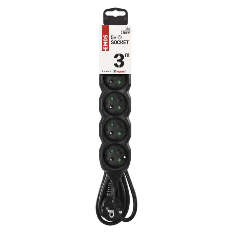 Prodlužovací kabel 3 m / 5 zásuvek / černý / PVC / 1 mm2
