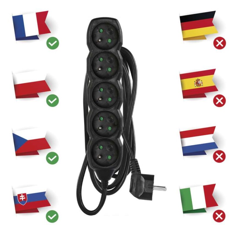 Prodlužovací kabel 3 m / 5 zásuvek / černý / PVC / 1,5 mm2