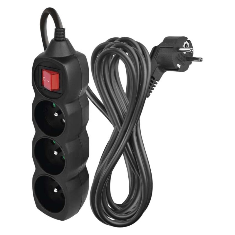 Prodlužovací kabel 5 m / 3 zásuvky / s vypínačem / černý / PVC / 1 mm2
