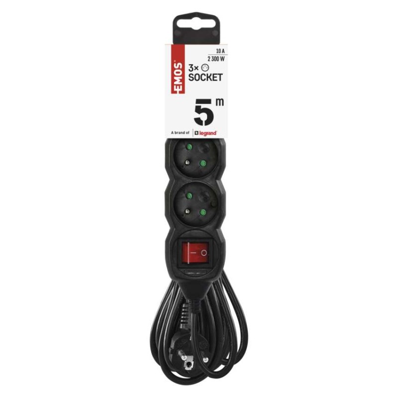 Prodlužovací kabel 5 m / 3 zásuvky / s vypínačem / černý / PVC / 1 mm2