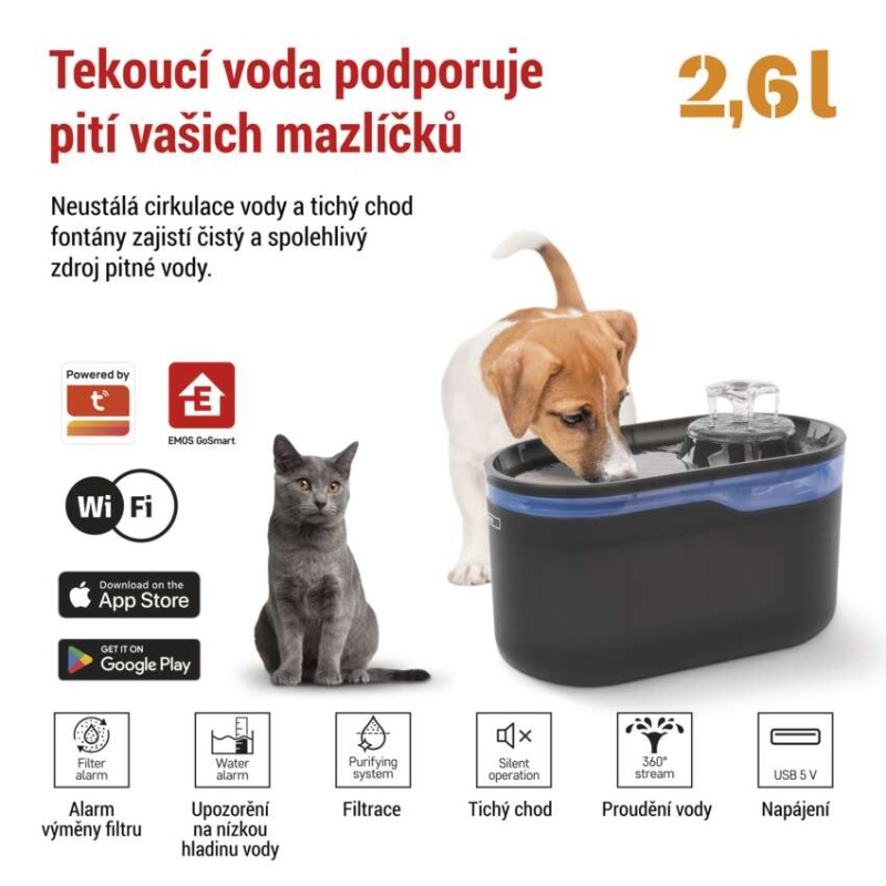 GoSmart vodní fontána, 2,6 l, šedá, Wi-Fi
