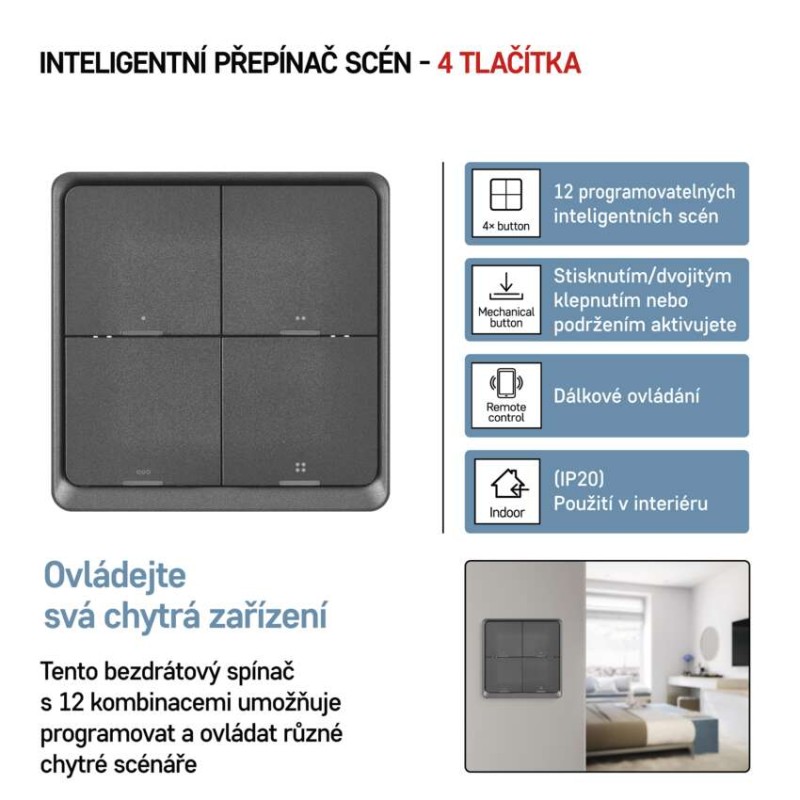 GoSmart Přenosný ovladač scén IP-2004ZB, ZigBee 3.0, 4-tlačítkový