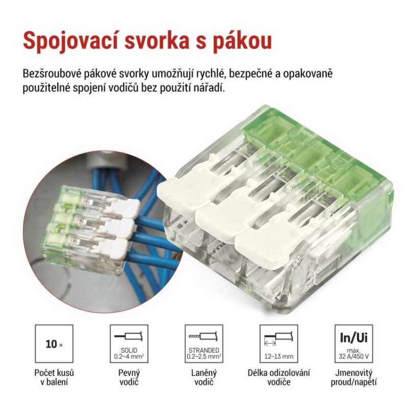 Páčková spojovací svorka 3× 0,2–4 mm2, 10 ks