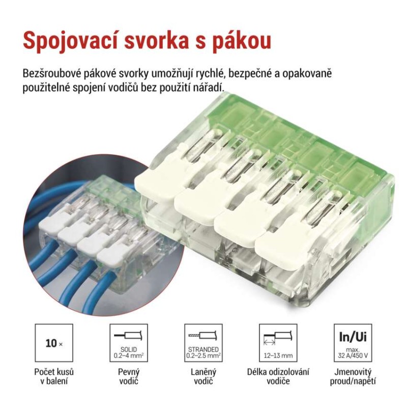 Páčková spojovací svorka 4× 0,2–4 mm2, 10 ks
