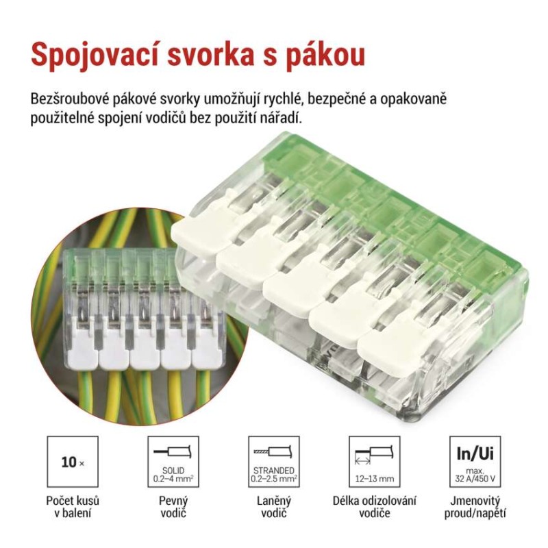 Páčková spojovací svorka 5× 0,2–4 mm2, 10 ks