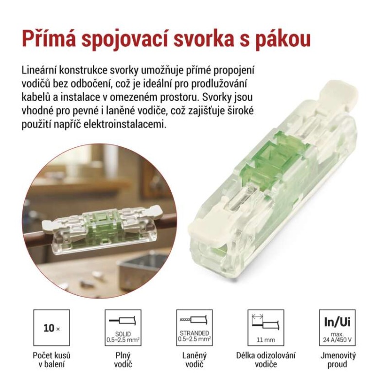 Přímá páčková spojovací svorka 2× 0,2–4 mm2, 10 ks