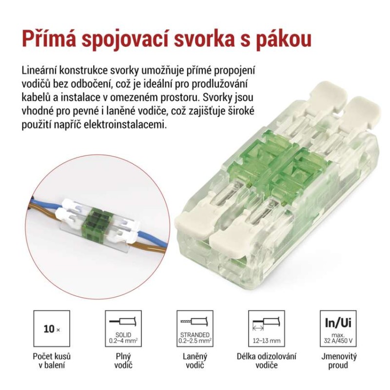 Přímá páčková spojovací svorka 4× 0,2–4 mm2, 10 ks