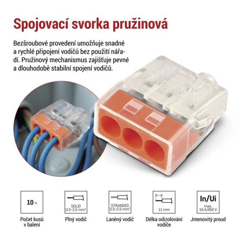 Spojovací svorka pružinová 3×0,5–2,5 mm2, 10 ks