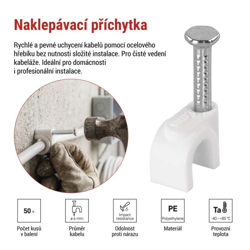 Kabelová příchytka 6 mm, bílá, 50 ks