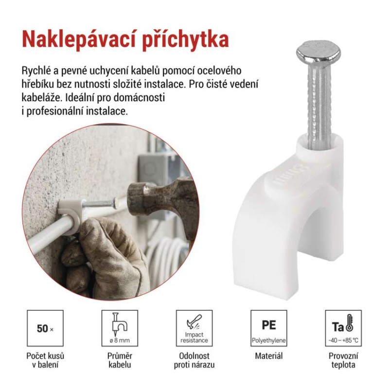 Kabelová příchytka 8 mm, bílá, 50 ks