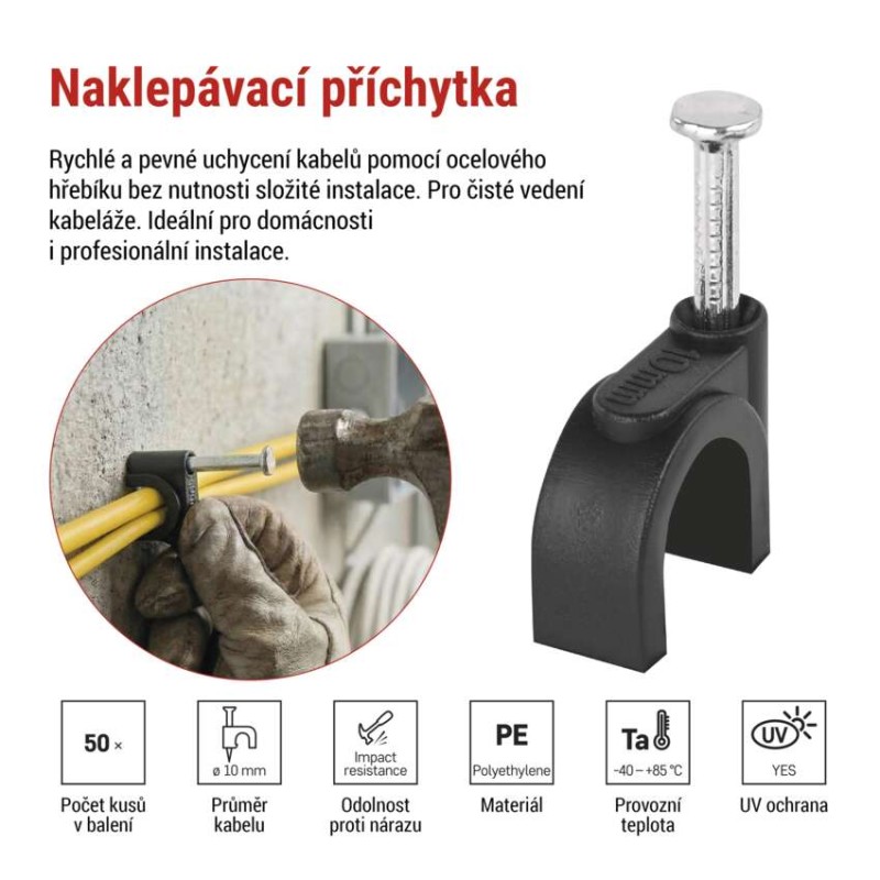 Kabelová příchytka 10 mm, černá, 50 ks