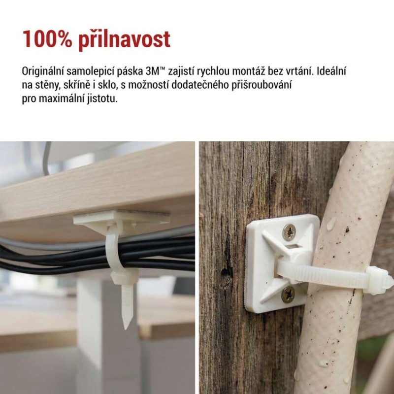 Samolepicí příchytka stahovacího pásku 20×20 mm, bílá, 25 ks