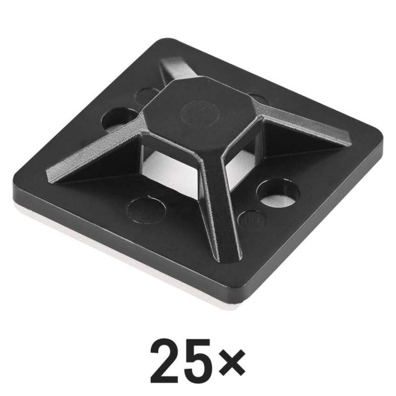 Samolepicí příchytka stahovacího pásku 30×30 mm, černá, 25 ks