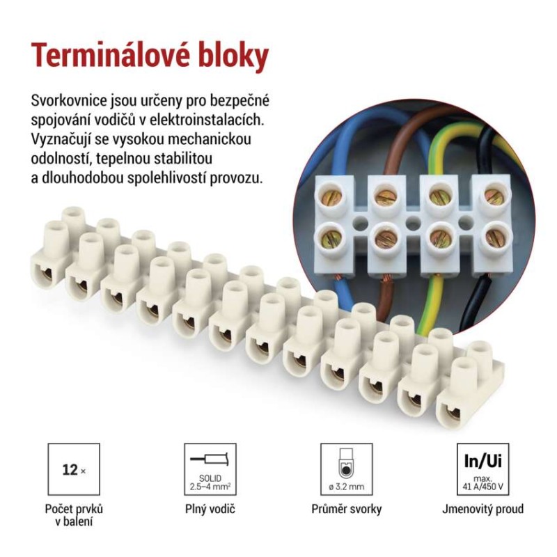 Šroubová svorkovnice 12× 2,5–4 mm2, 450 V, bílá