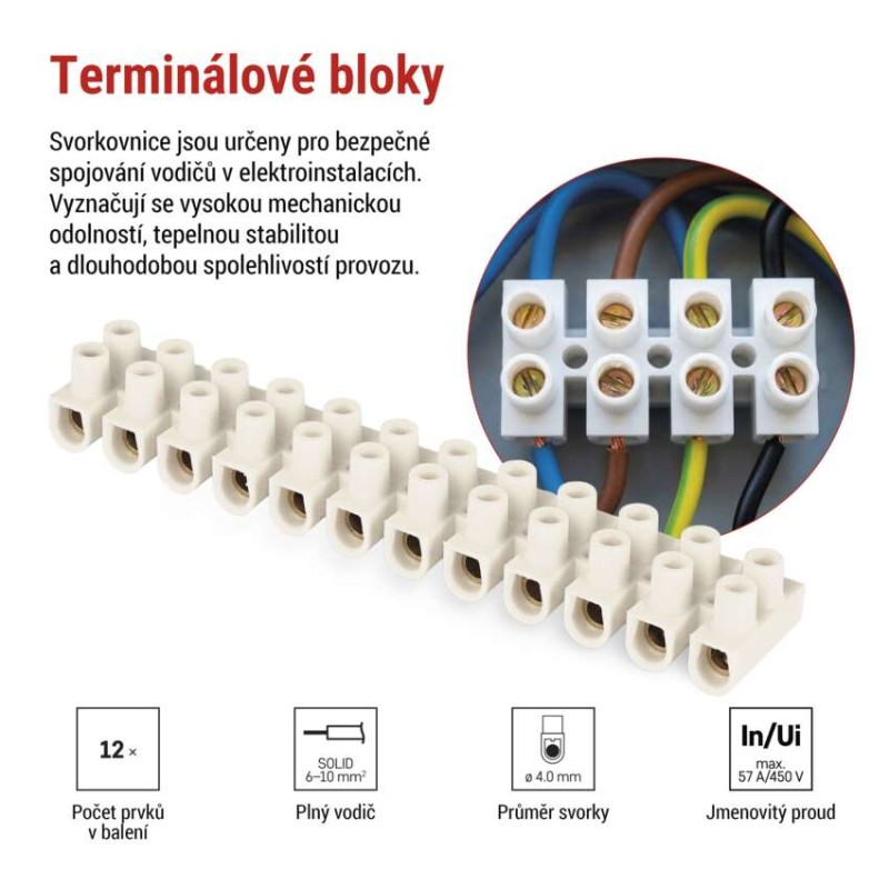 Šroubová svorkovnice 12× 6–10 mm2, 450 V, bílá