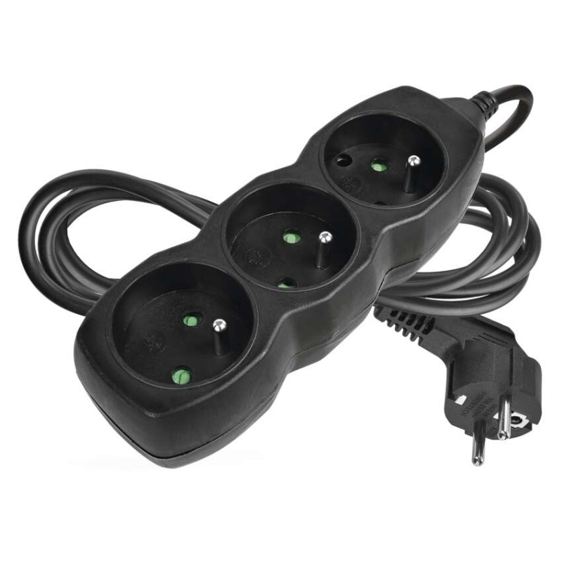 Prodlužovací kabel 2 m / 3 zásuvky / černý / PVC / 1 mm2