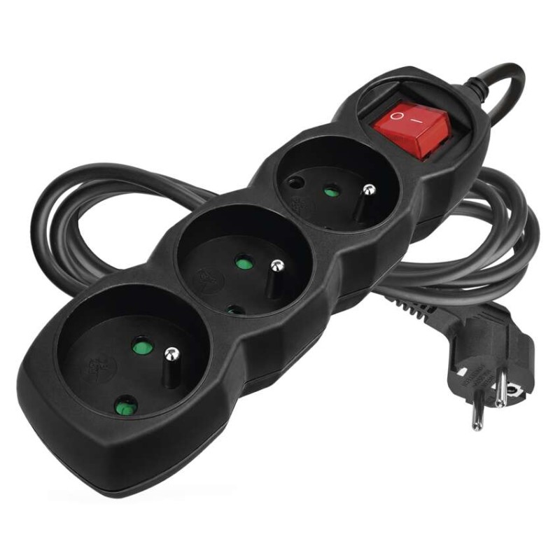 Prodlužovací kabel 2 m / 3 zásuvky / s vypínačem / černý / PVC / 1 mm2
