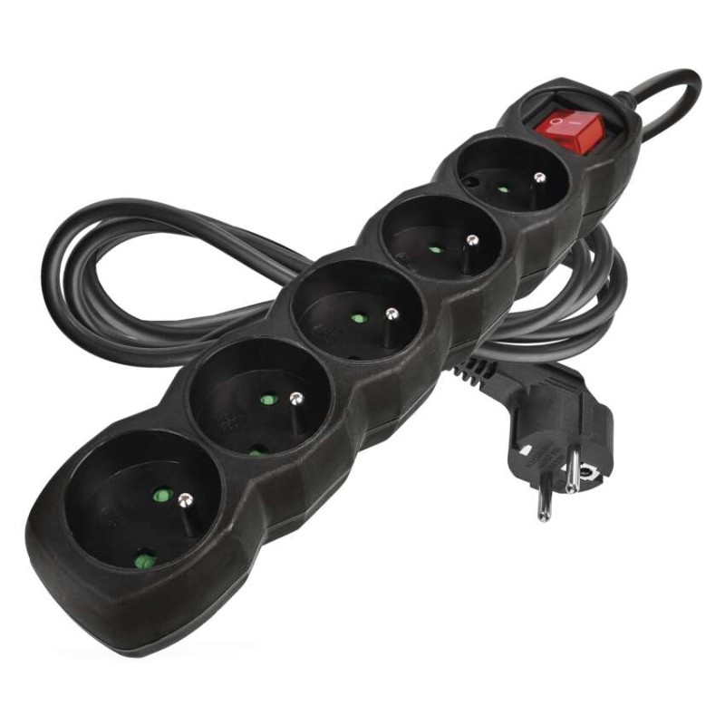 Prodlužovací kabel 2 m / 5 zásuvek / s vypínačem / černý / PVC / 1 mm2