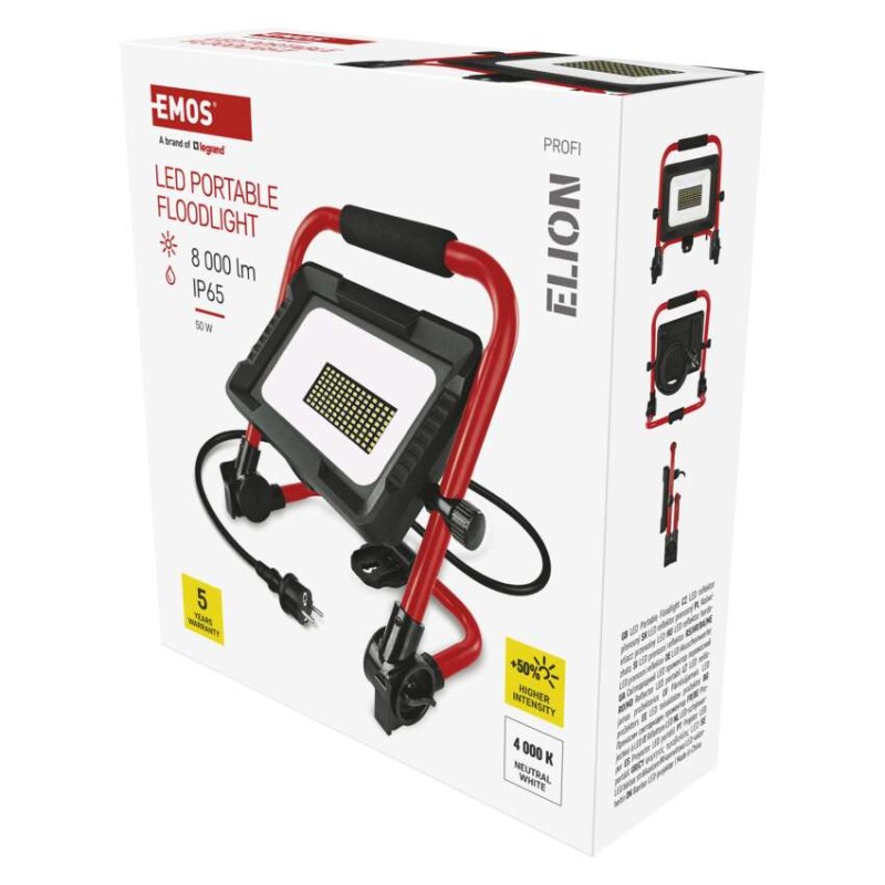 LED reflektor ELION 50W, červeno-černý, IP65, 8000 lm, neutrální bílá
