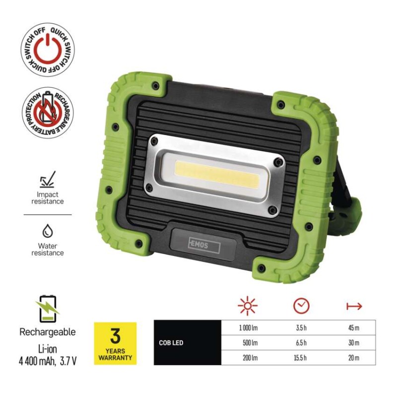 COB LED nabíjecí pracovní reflektor P4533, 1000 lm, 4400 mAh