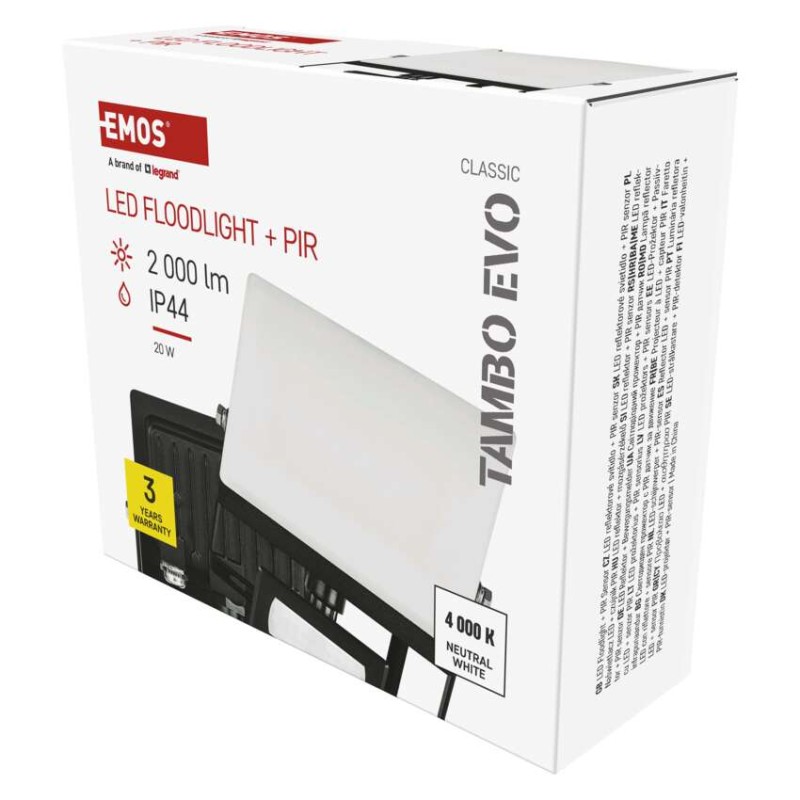 LED reflektor TAMBO EVO  se senzorem pohybu, 20 W, 2000 lm, IP65, černý