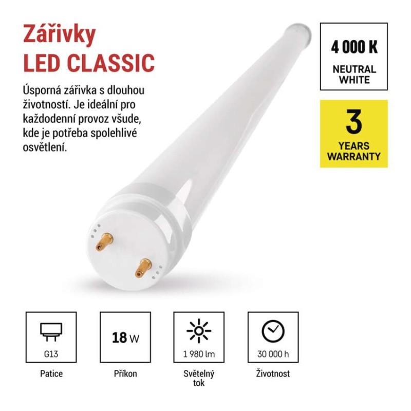 LED zářivka T8 18 W 120 cm neutrální bílá
