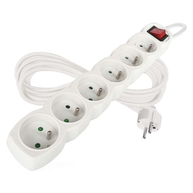 Prodlužovací kabel 5 m / 6 zásuvek / s vypínačem / bílý / PVC / 1,5 mm2
